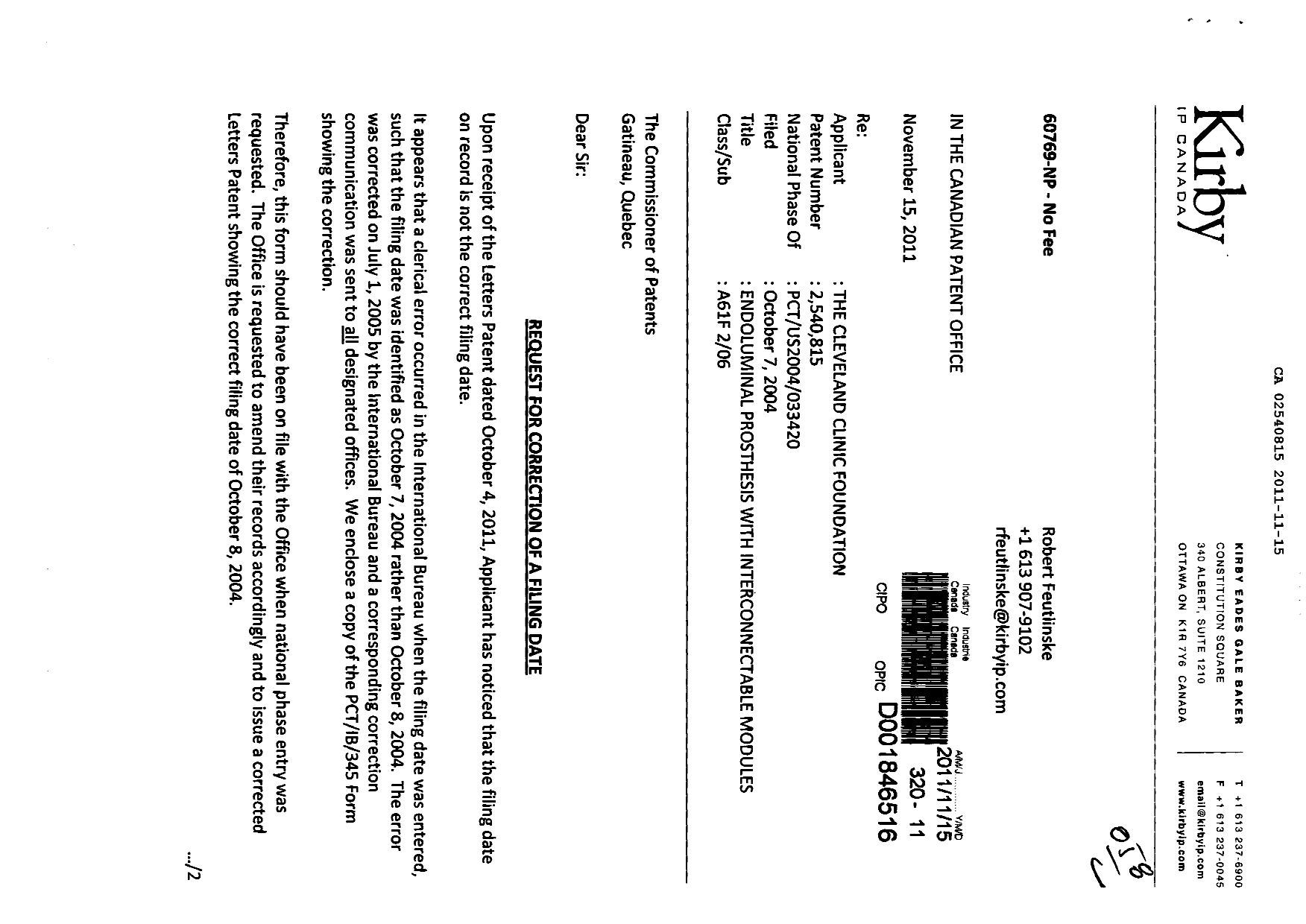 Canadian Patent Document 2540815. Correspondence 20101215. Image 1 of 3