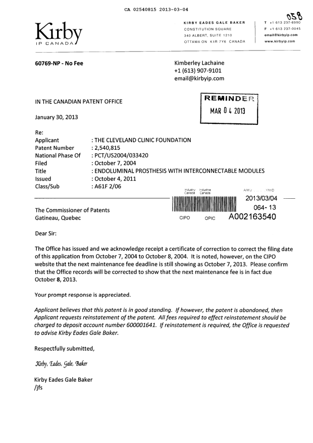 Canadian Patent Document 2540815. Correspondence 20121204. Image 1 of 1