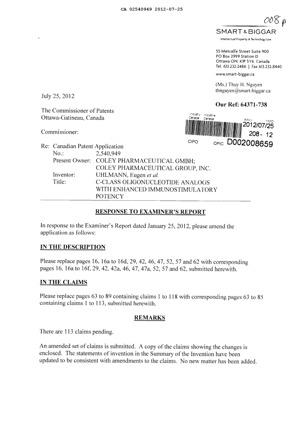 Canadian Patent Document 2540949. Prosecution-Amendment 20120725. Image 1 of 72