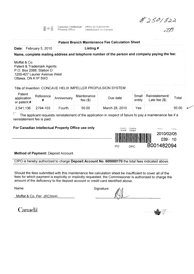 Canadian Patent Document 2541136. Fees 20091205. Image 1 of 1