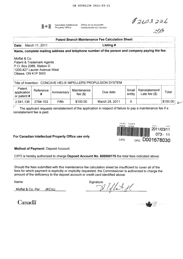Document de brevet canadien 2541136. Taxes 20101211. Image 1 de 1