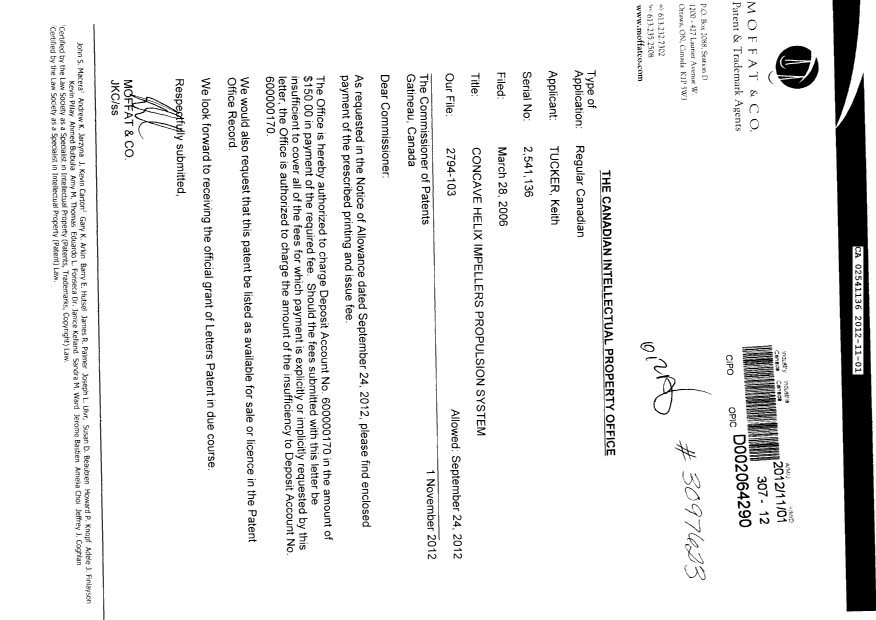 Document de brevet canadien 2541136. Correspondance 20111201. Image 1 de 1