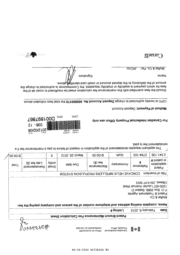 Document de brevet canadien 2541136. Taxes 20111206. Image 1 de 1