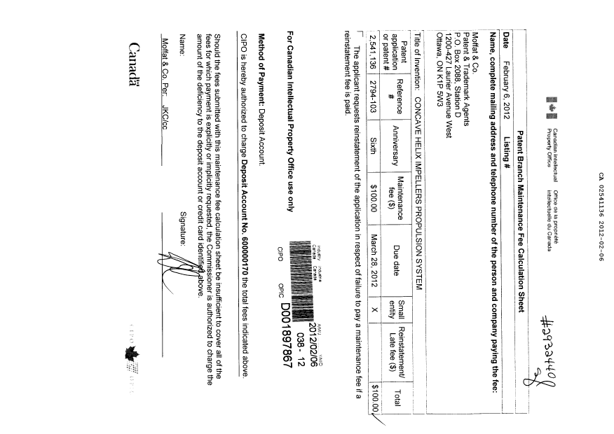Document de brevet canadien 2541136. Taxes 20111206. Image 1 de 1