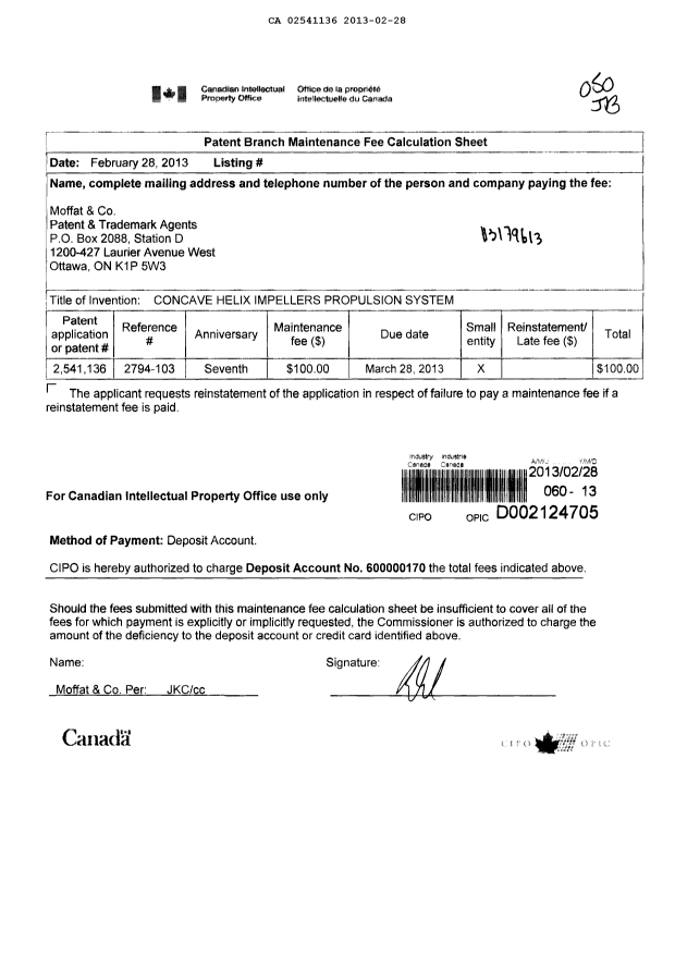 Canadian Patent Document 2541136. Fees 20121228. Image 1 of 1