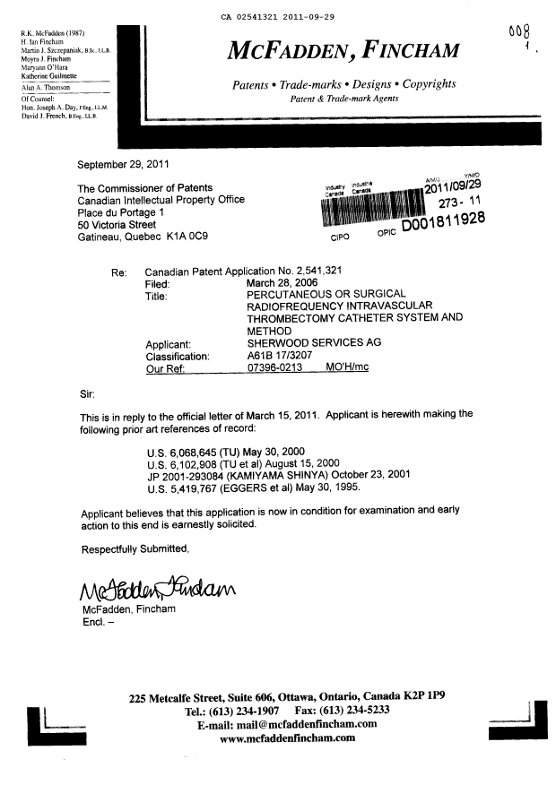 Canadian Patent Document 2541321. Prosecution-Amendment 20110929. Image 1 of 1
