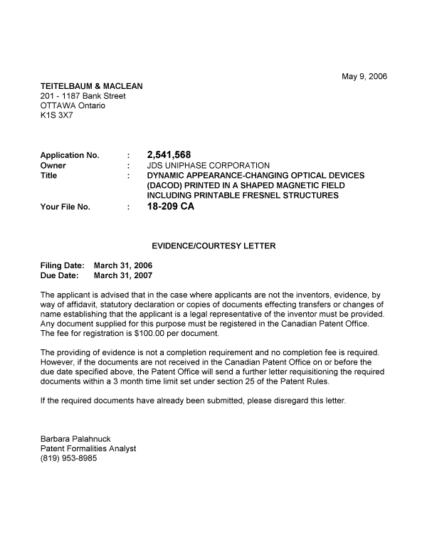Document de brevet canadien 2541568. Correspondance 20060504. Image 1 de 1