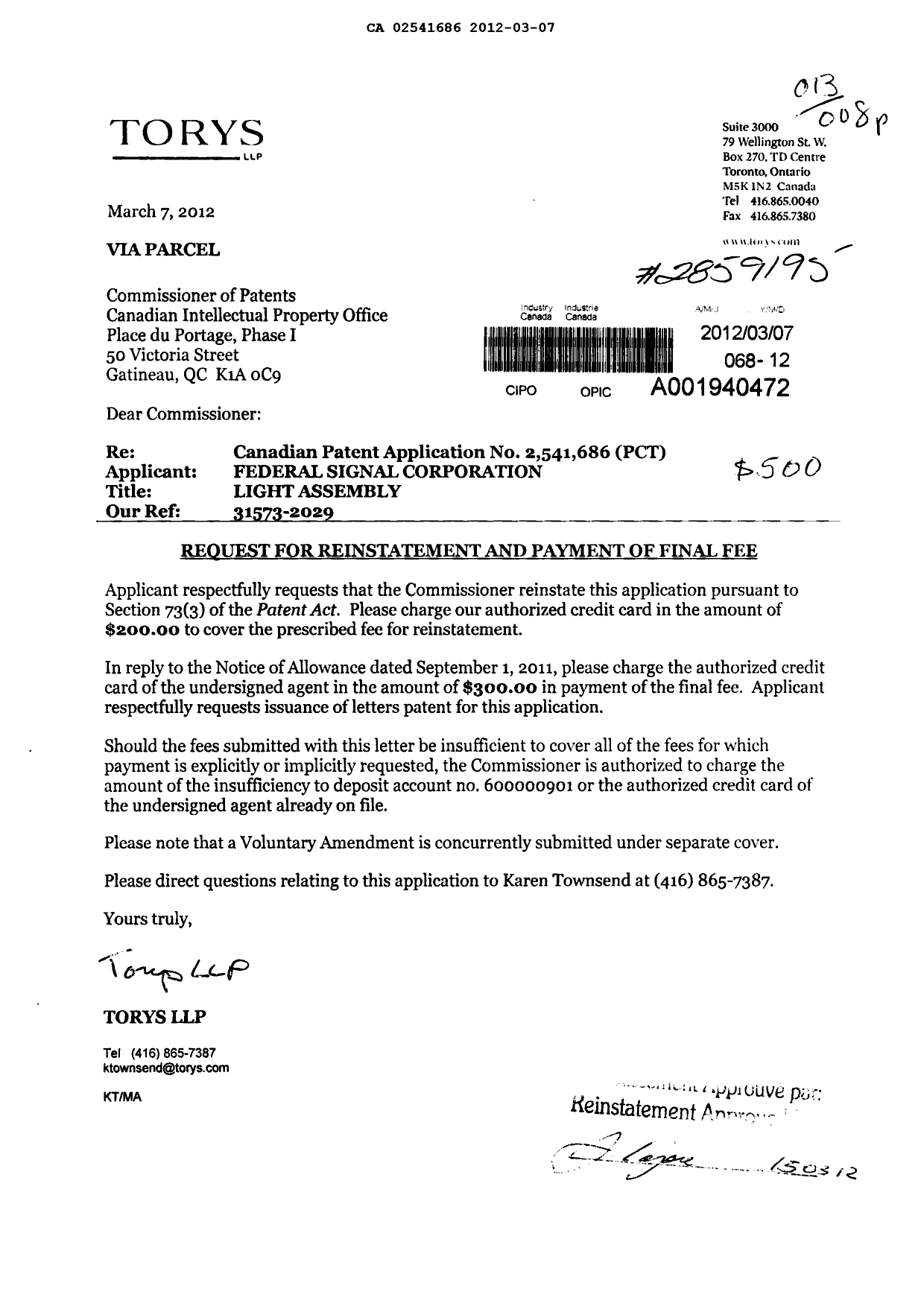 Canadian Patent Document 2541686. Prosecution-Amendment 20120307. Image 1 of 7