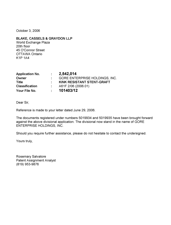 Canadian Patent Document 2542014. Correspondence 20051203. Image 1 of 1