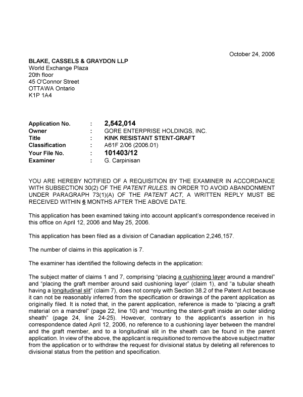 Canadian Patent Document 2542014. Prosecution-Amendment 20051224. Image 1 of 2