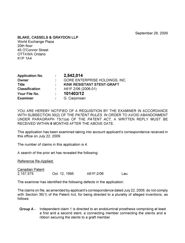 Canadian Patent Document 2542014. Prosecution-Amendment 20081228. Image 1 of 2