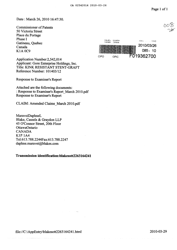 Canadian Patent Document 2542014. Prosecution-Amendment 20091226. Image 1 of 4