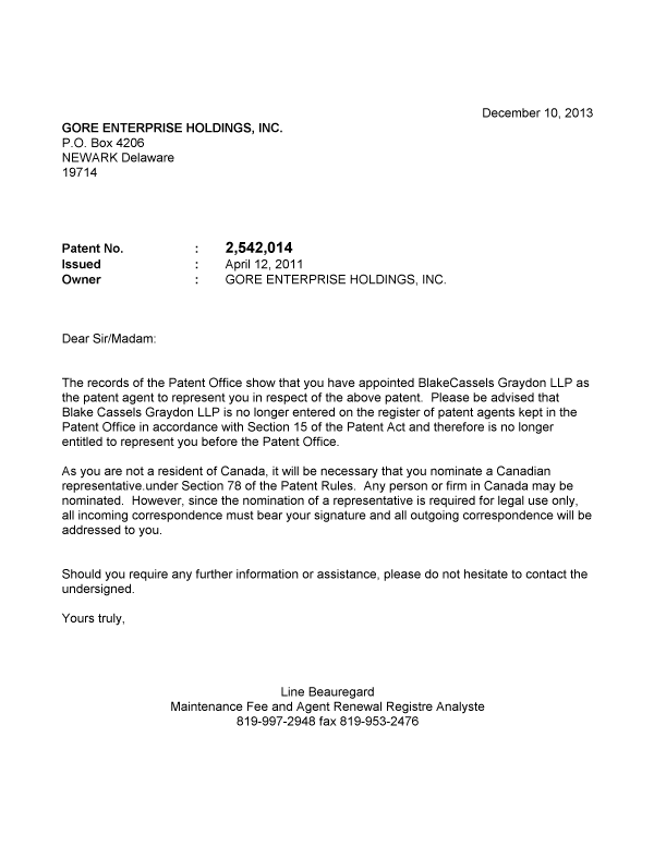Document de brevet canadien 2542014. Correspondance 20131210. Image 1 de 1