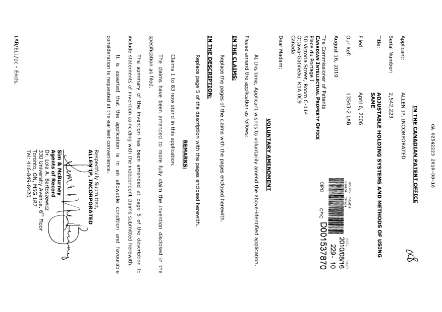 Canadian Patent Document 2542223. Prosecution-Amendment 20100816. Image 1 of 17