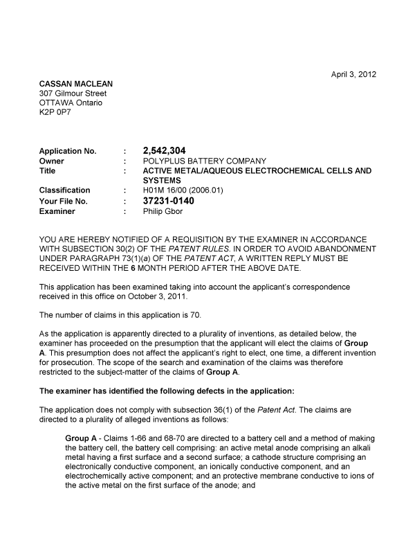 Document de brevet canadien 2542304. Poursuite-Amendment 20120403. Image 1 de 5