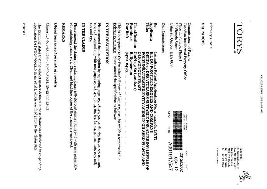 Canadian Patent Document 2542564. Prosecution-Amendment 20120202. Image 1 of 33