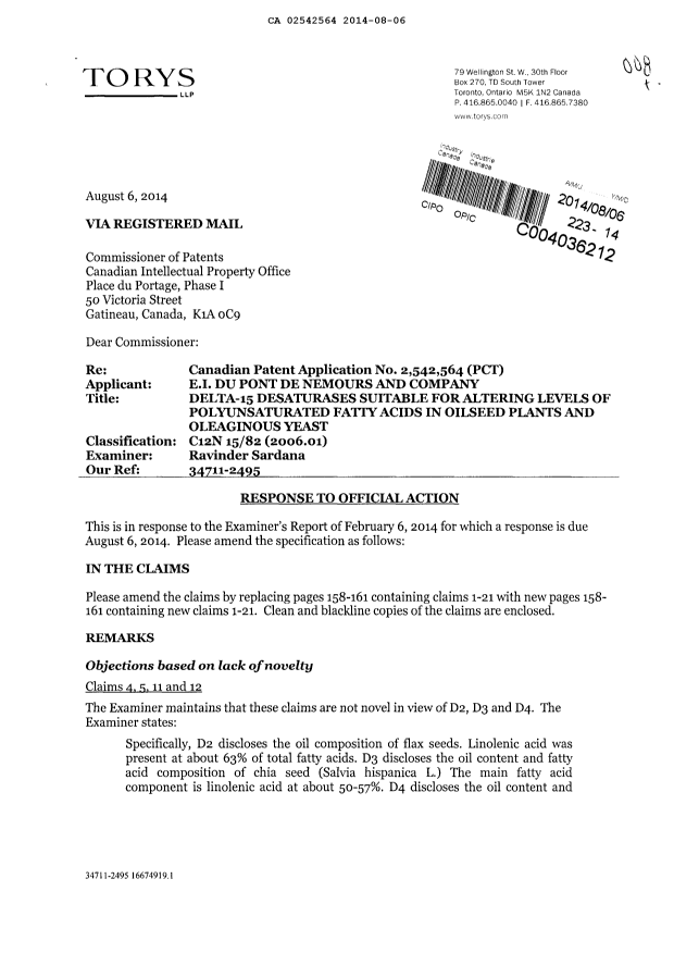 Document de brevet canadien 2542564. Poursuite-Amendment 20140806. Image 1 de 14