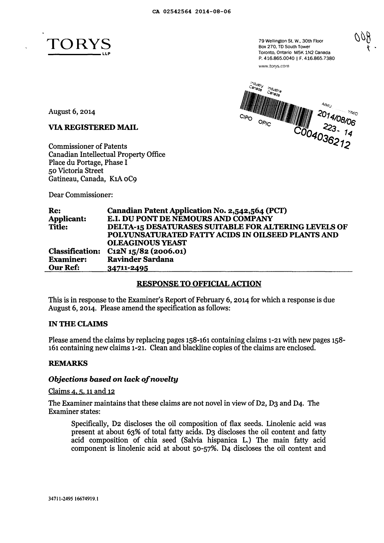 Canadian Patent Document 2542564. Prosecution-Amendment 20140806. Image 1 of 14