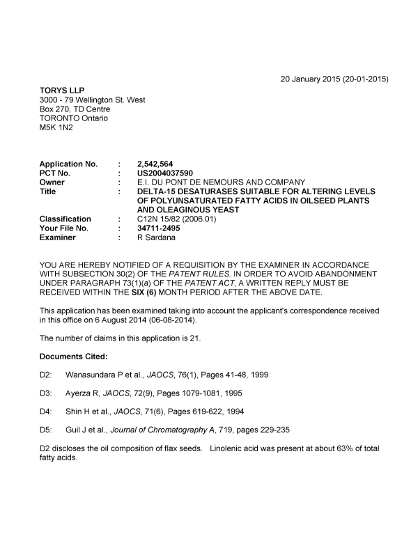 Canadian Patent Document 2542564. Prosecution-Amendment 20150120. Image 1 of 4