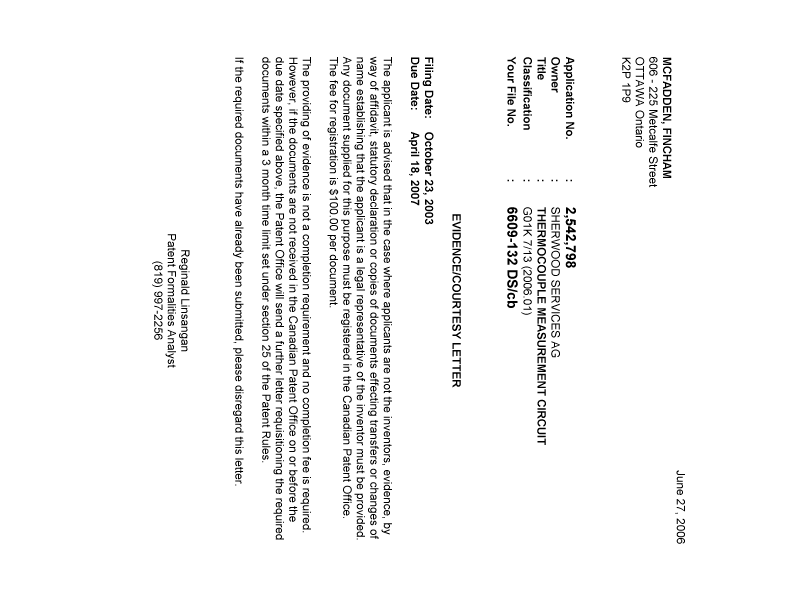 Canadian Patent Document 2542798. Correspondence 20060622. Image 1 of 1