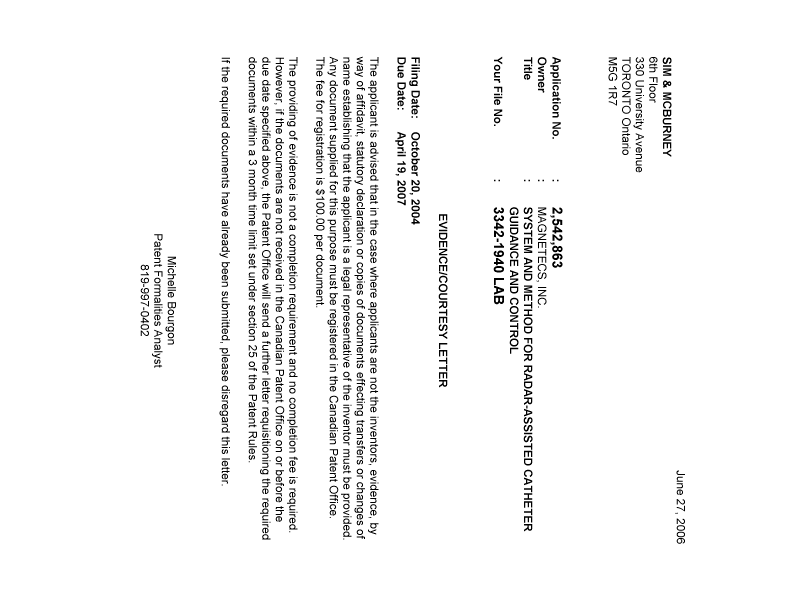 Canadian Patent Document 2542863. Correspondence 20060622. Image 1 of 1