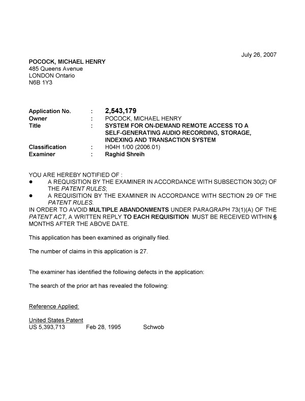 Canadian Patent Document 2543179. Prosecution-Amendment 20070726. Image 1 of 3