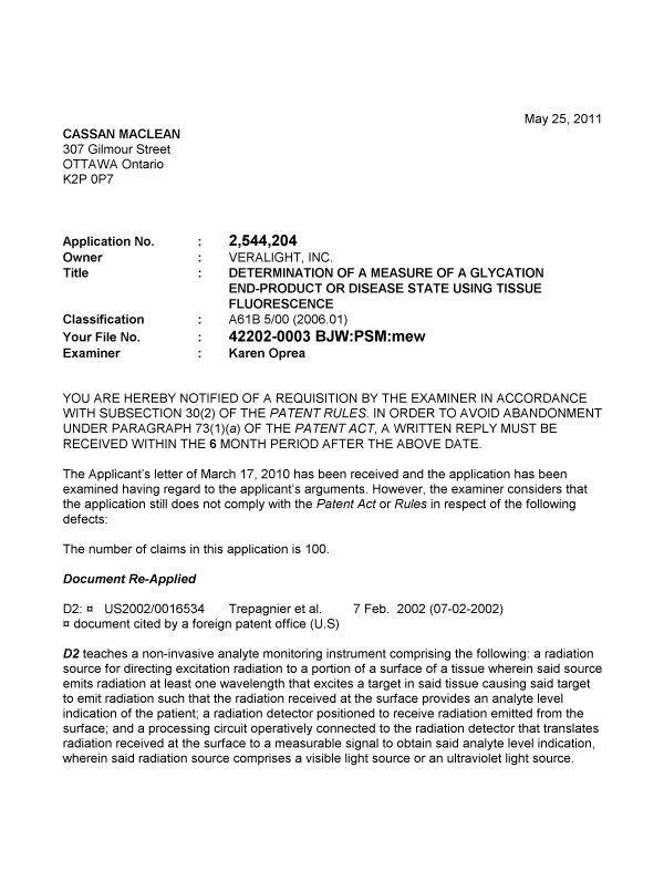 Document de brevet canadien 2544204. Poursuite-Amendment 20110525. Image 1 de 4
