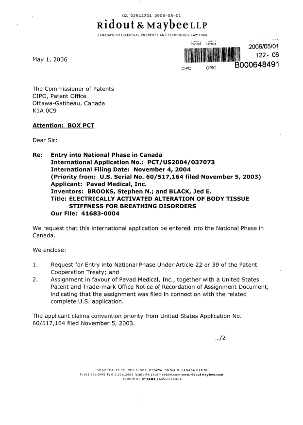 Document de brevet canadien 2544304. Cession 20060501. Image 1 de 7