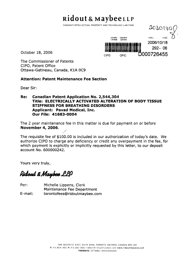 Document de brevet canadien 2544304. Taxes 20061018. Image 1 de 1