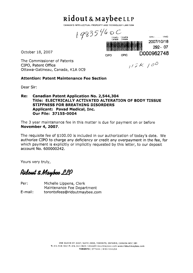 Document de brevet canadien 2544304. Taxes 20071018. Image 1 de 1