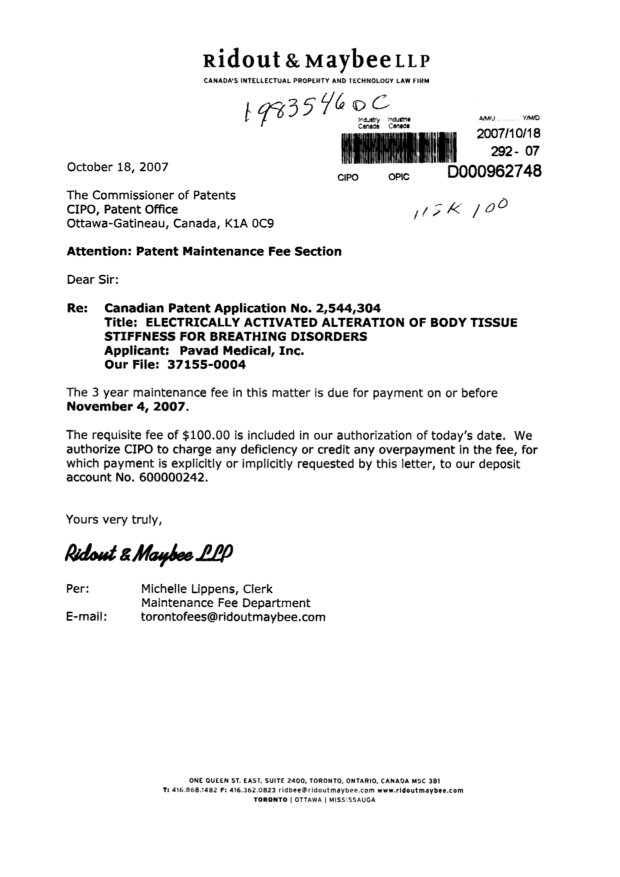 Canadian Patent Document 2544304. Fees 20071018. Image 1 of 1