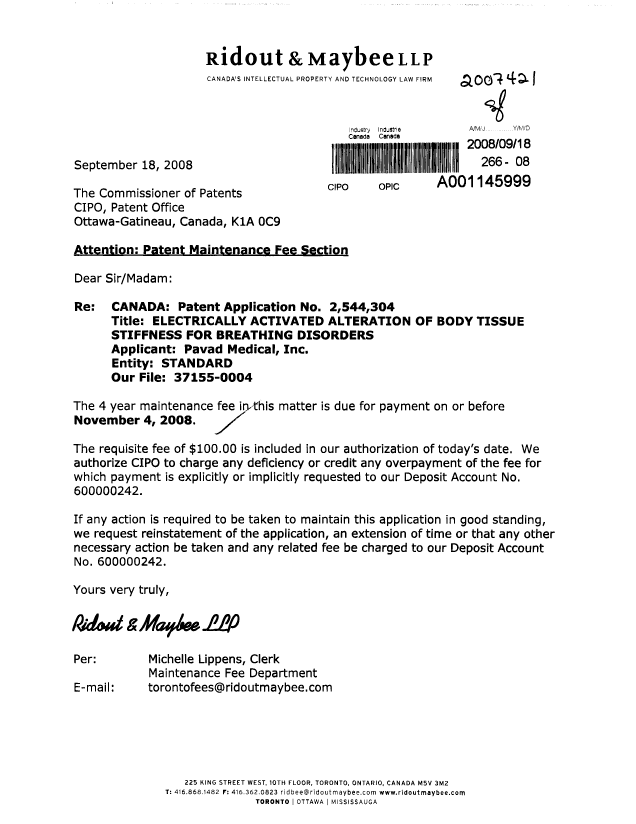 Canadian Patent Document 2544304. Fees 20080918. Image 1 of 1