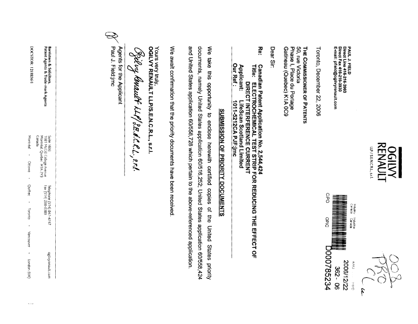 Canadian Patent Document 2544424. Prosecution-Amendment 20051222. Image 1 of 1