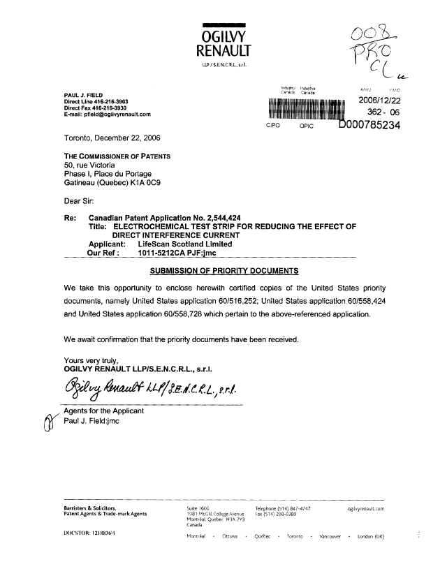 Canadian Patent Document 2544424. Prosecution Correspondence 20061222. Image 1 of 1