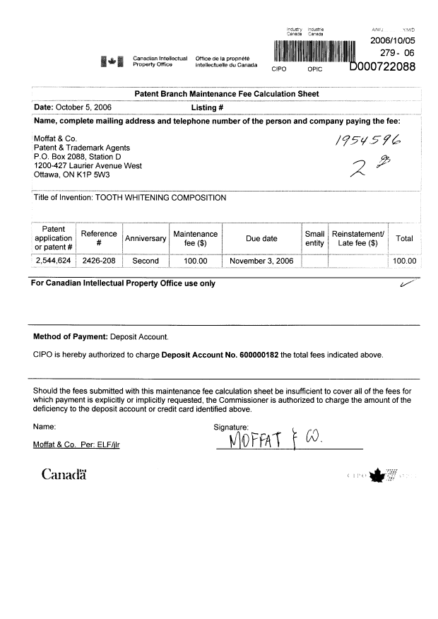 Canadian Patent Document 2544624. Fees 20061005. Image 1 of 1