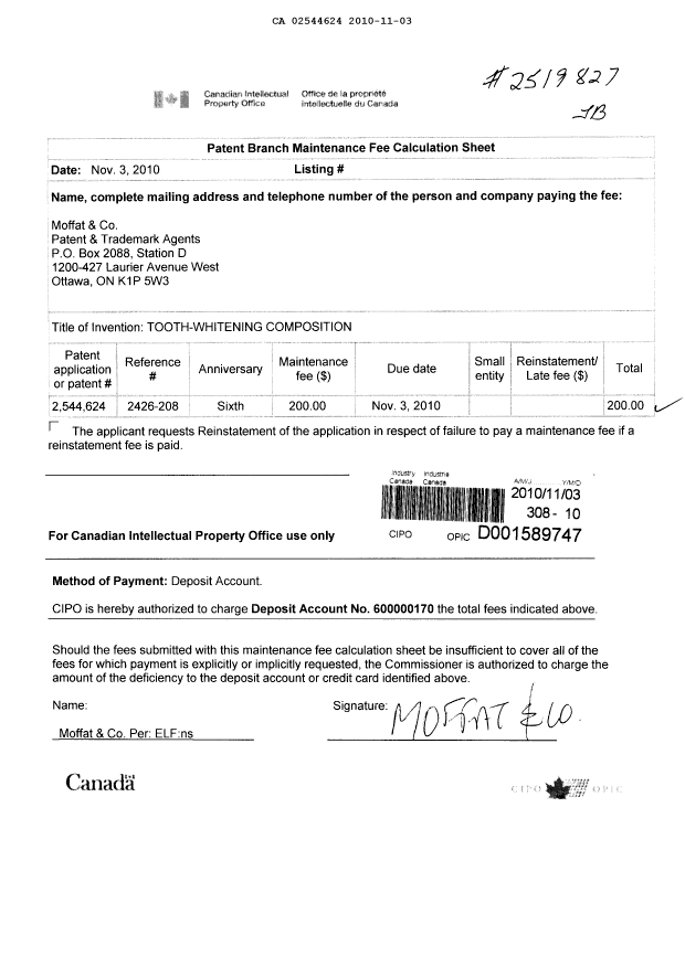 Canadian Patent Document 2544624. Fees 20101103. Image 1 of 1