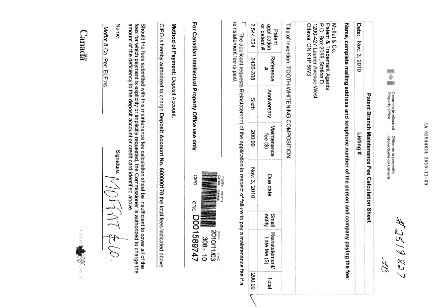 Canadian Patent Document 2544624. Fees 20101103. Image 1 of 1