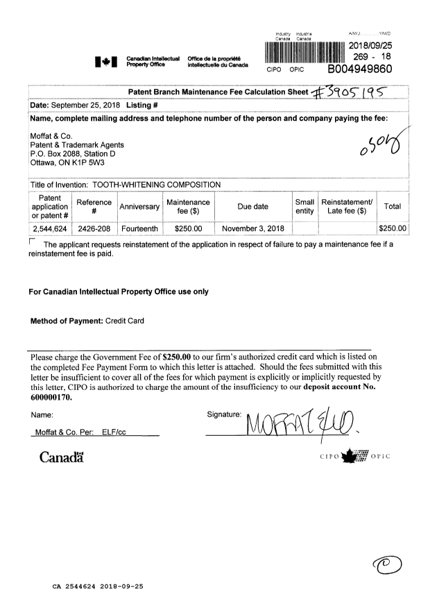 Document de brevet canadien 2544624. Paiement de taxe périodique 20180925. Image 1 de 1