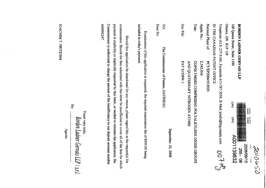 Canadian Patent Document 2545016. Prosecution-Amendment 20080910. Image 1 of 1