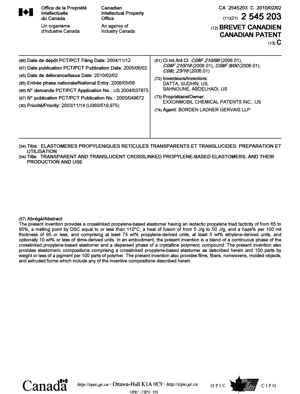 Canadian Patent Document 2545203. Cover Page 20100113. Image 1 of 1