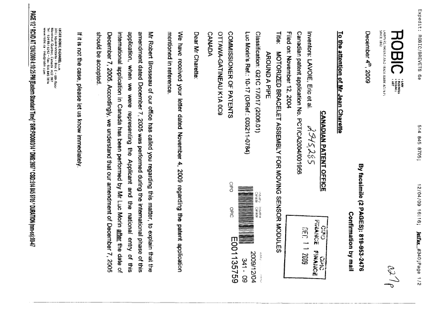 Document de brevet canadien 2545285. Poursuite-Amendment 20091204. Image 1 de 2