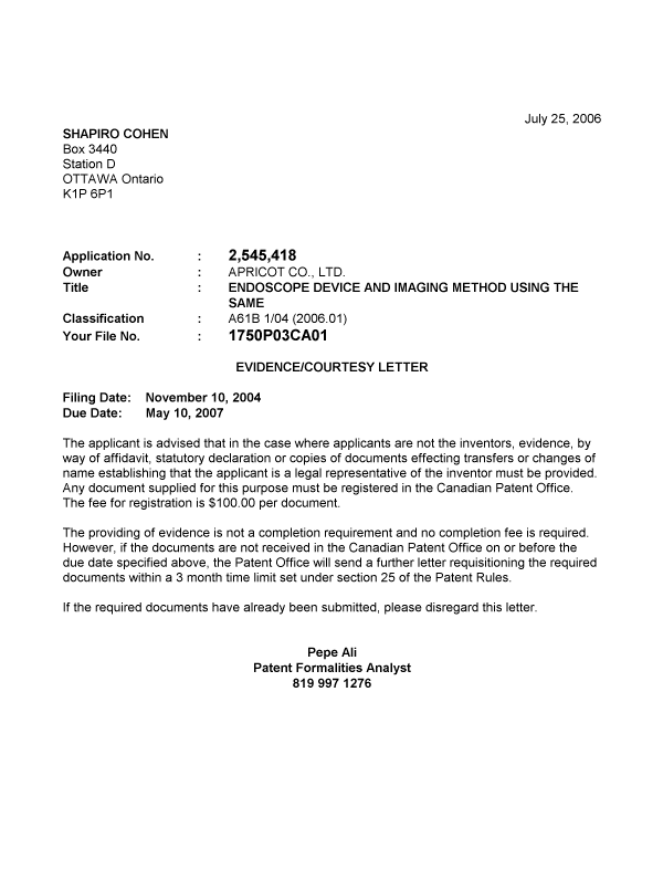 Document de brevet canadien 2545418. Correspondance 20060718. Image 1 de 1