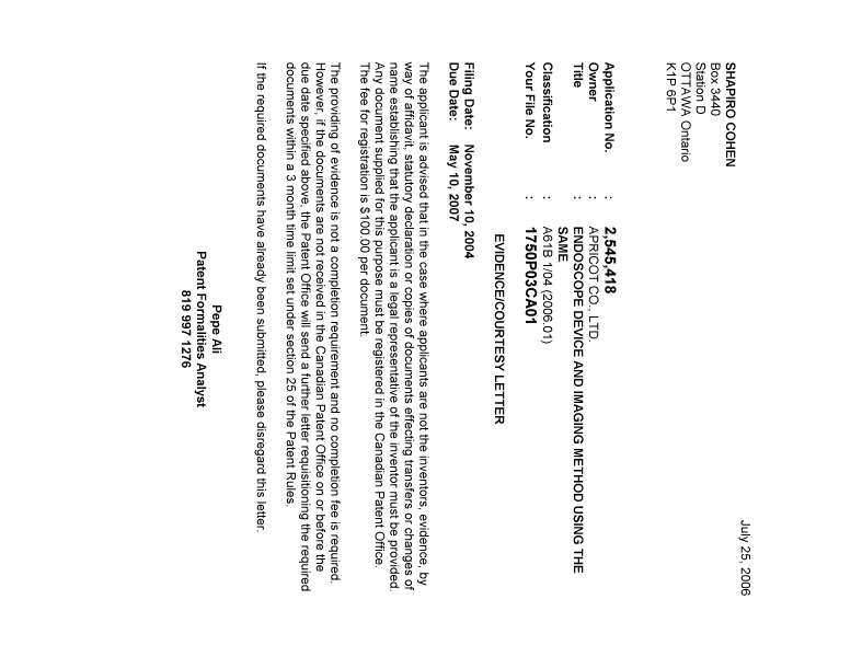 Canadian Patent Document 2545418. Correspondence 20060718. Image 1 of 1