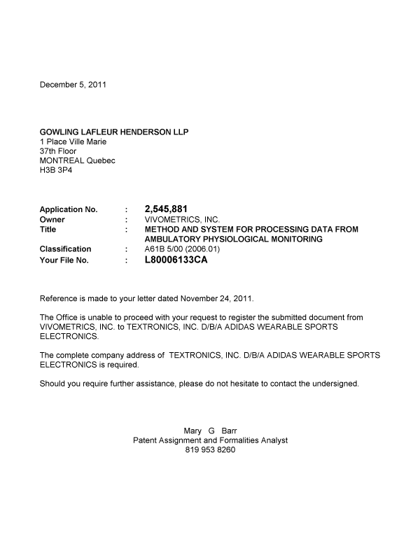 Canadian Patent Document 2545881. Correspondence 20111205. Image 1 of 1