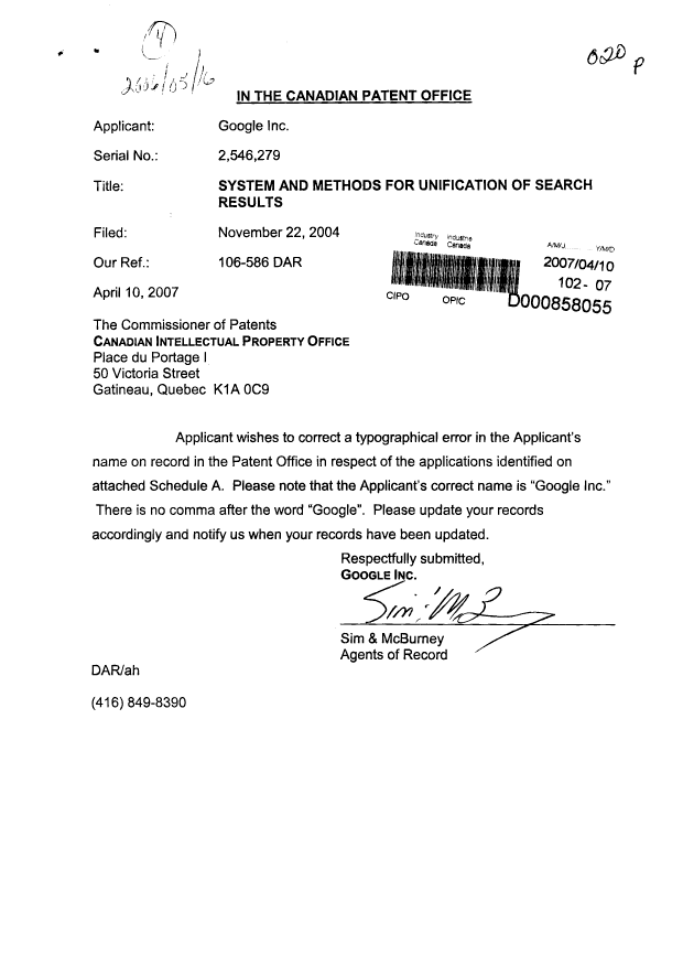Document de brevet canadien 2546279. Correspondance 20070410. Image 1 de 2