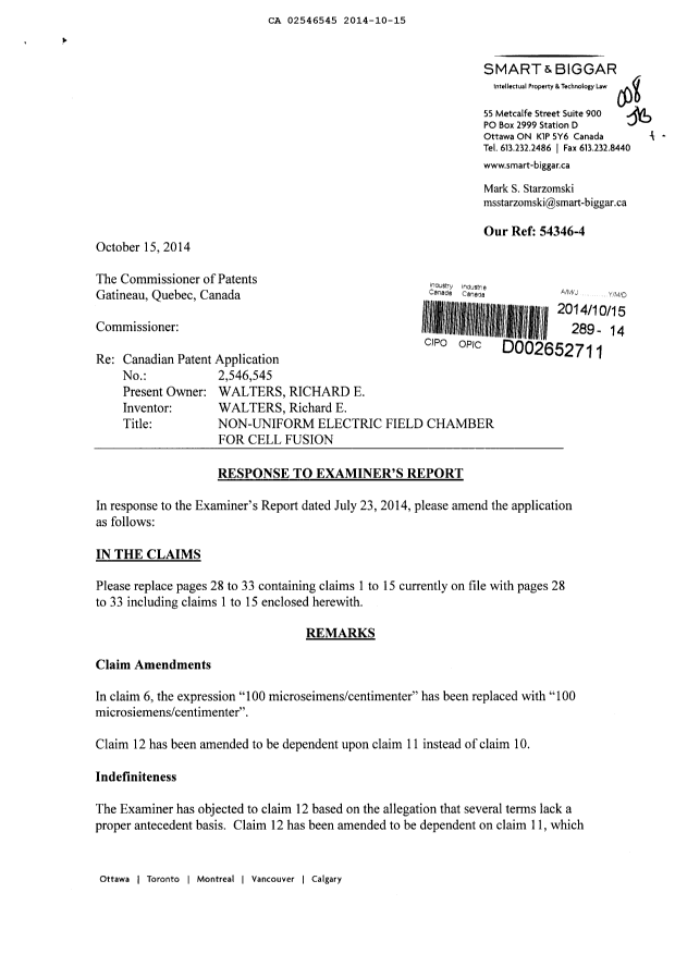 Canadian Patent Document 2546545. Prosecution-Amendment 20141015. Image 1 of 8