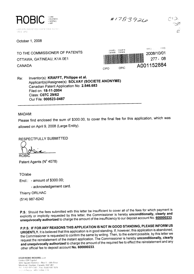 Canadian Patent Document 2546683. Correspondence 20081001. Image 1 of 1