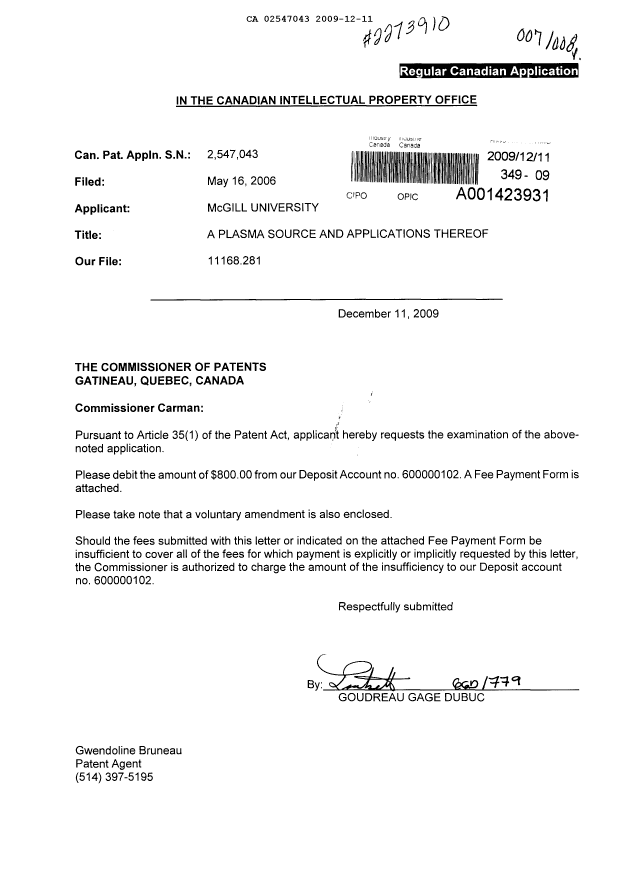 Canadian Patent Document 2547043. Prosecution-Amendment 20081211. Image 1 of 13