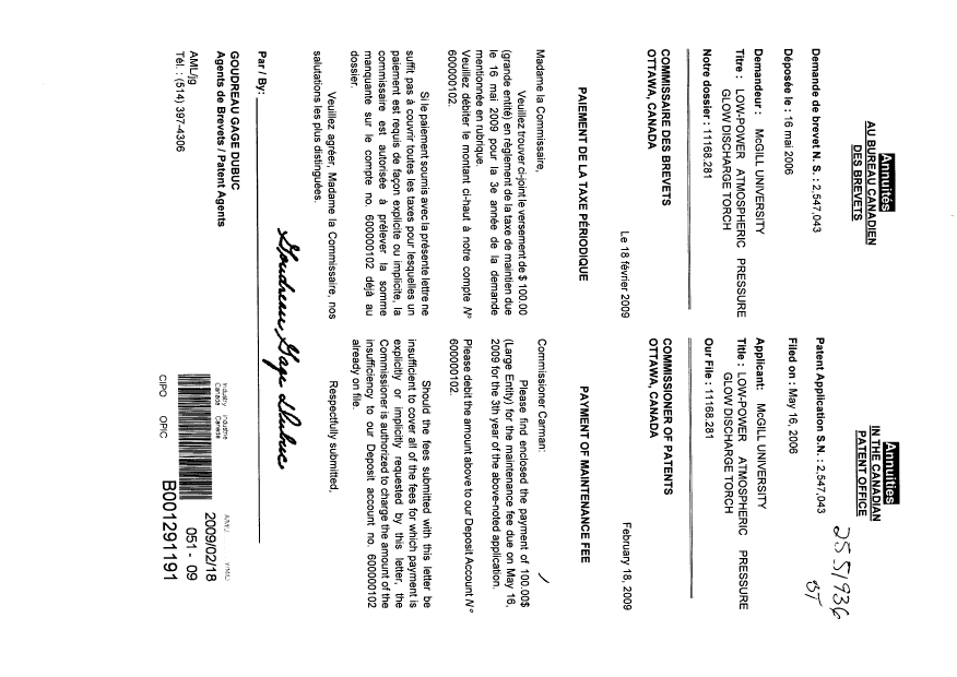 Canadian Patent Document 2547043. Prosecution-Amendment 20081218. Image 1 of 1