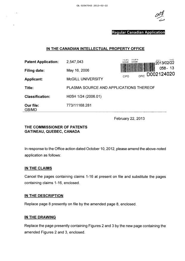 Document de brevet canadien 2547043. Poursuite-Amendment 20121222. Image 1 de 8